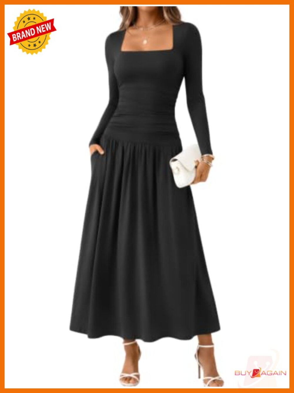 Women's Long Sleeve Maxi Dress with Pockets Square Neck Stretchy